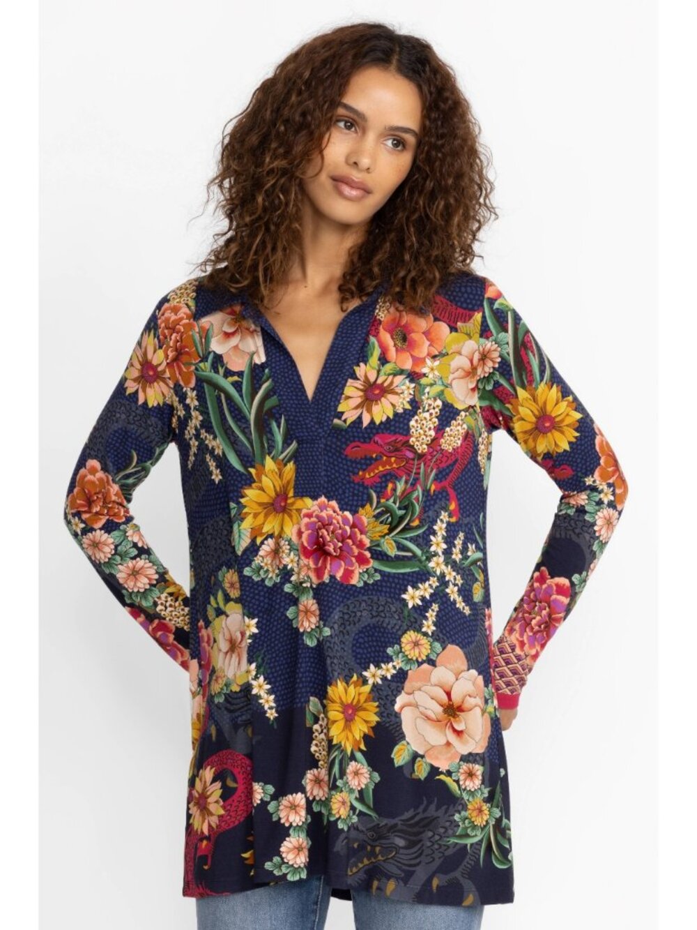 Johnny Was Isla Silk Embroidered Floral Print Tunic Blouse XS